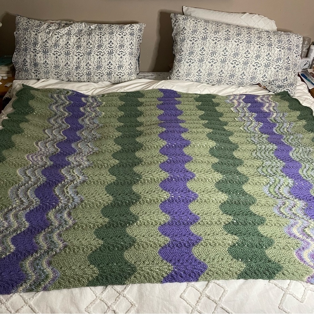 Vintage Crochet Knit Afghan Purple and Green Blanket